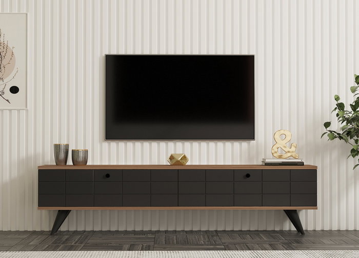 Hanah Home Soporte de TV 160cm Pino Atlántico y Antracita con Puerta Madera Maciza y Estantes para Salón